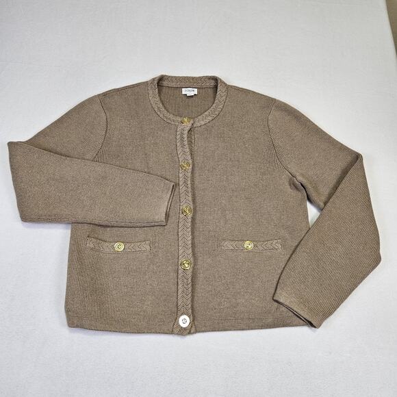 JCrew Women L Lady Jacket Cardigan Sweater Gold Button Brown Quiet Luxury Cotton - Picture 5 of 16